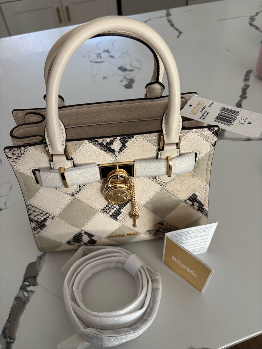 Michael Kors Cream & Black Snake-Print Leather Satchel with Gold Hardware